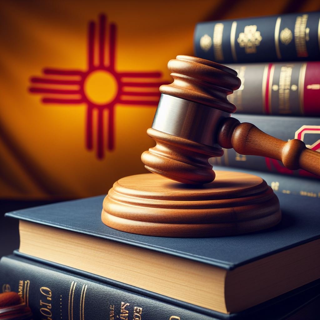 Gavel and law books on a New Mexico flag