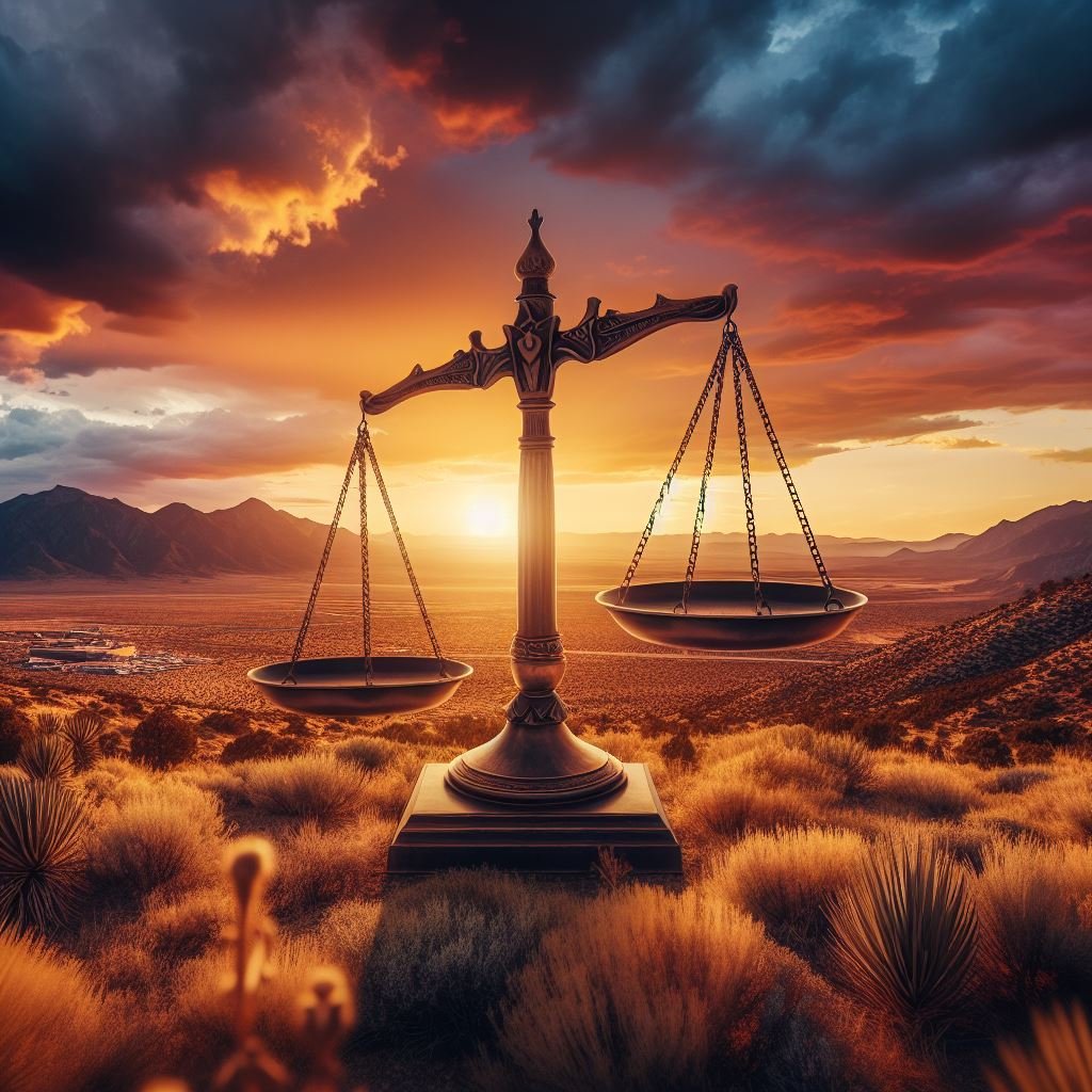 Scales of justice against a sunset